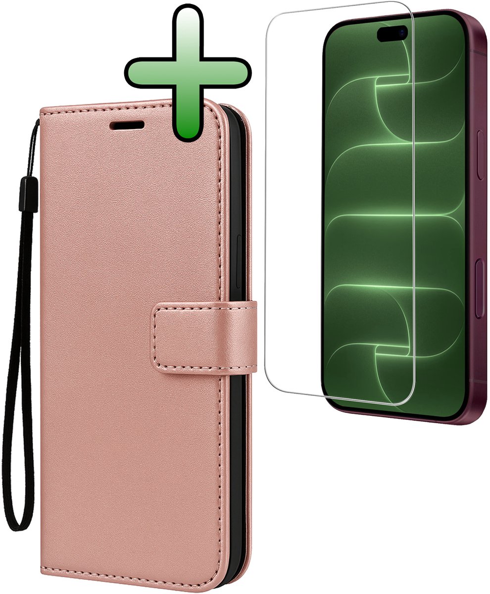 Hoesje Met Screenprotector - Geschikt voor Apple iPhone 18 Pro Max - Luxe Pasjeshouder - Bookcase Portemonee - Flip Case - Kunstleer Book Case - Flipcase - Book Cover - Walletcase - Portemonneehoes - Rosé goud