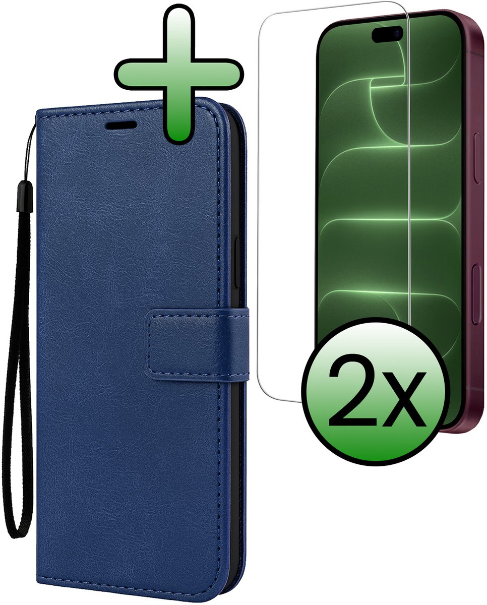 Hoesje Met 2x Screenprotector - Geschikt voor Apple iPhone 18 Pro Max - Luxe Pasjeshouder - Bookcase Portemonee - Flip Case - Kunstleer Book Case - Flipcase Hoes - Book Cover - Walletcase - Portemonneehoes - Donkerblauw