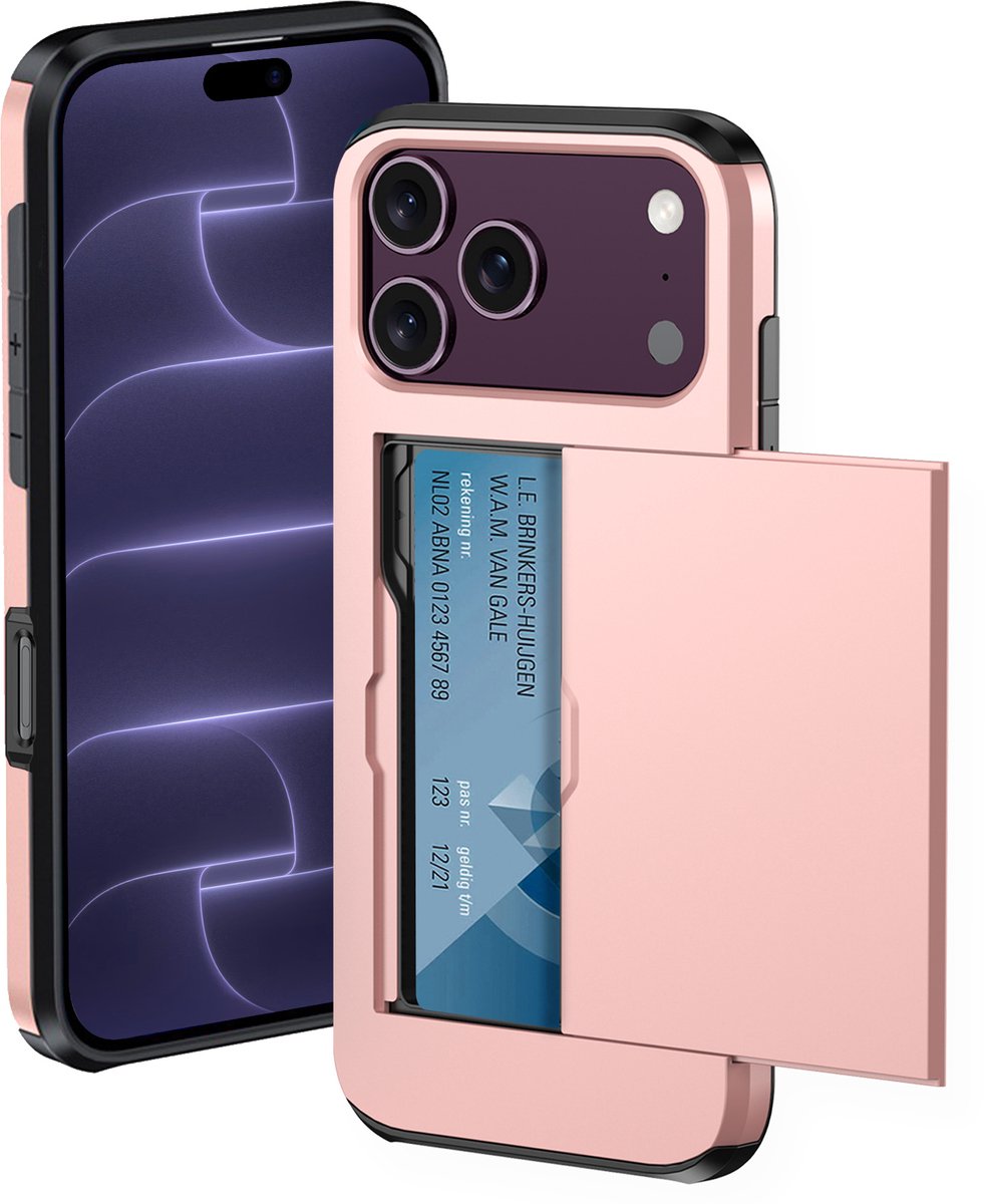 Hoesje Geschikt voor iPhone 18 Pro Max Hoesje Met Pasjeshouder Hard Case Met Kaarthouder - Hoes Geschikt voor iPhone 18 Pro Max Hoesje Pashouder Case - Rosé goud