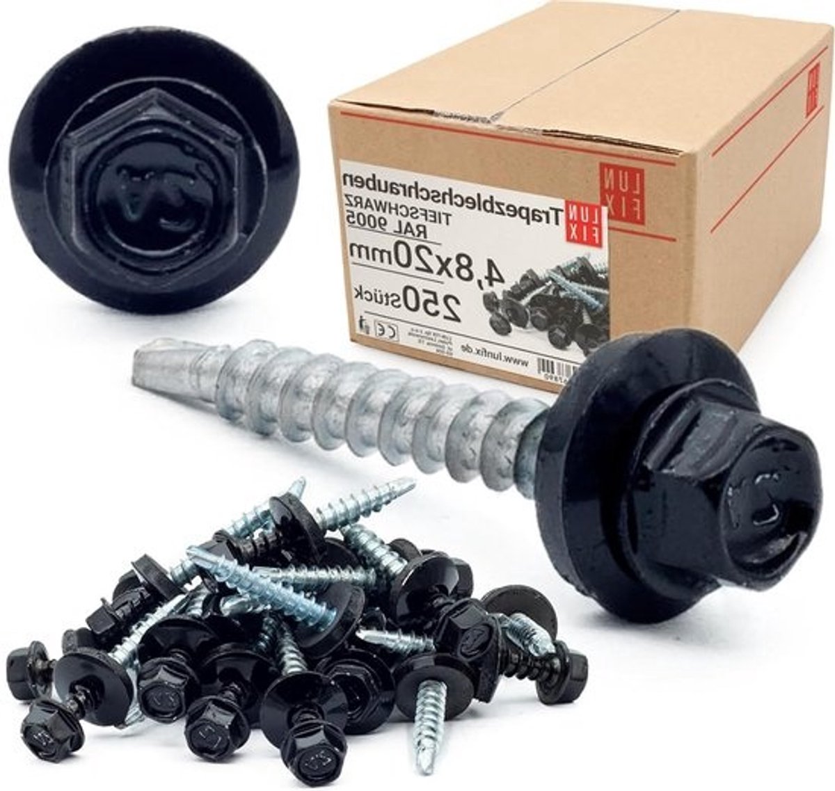 Zelfborende metaalschroeven - Schroeven voor dakplaten - Voor stevige bevestiging - Met EPDM-afdichting - 48 x 20 mm - Diepzwart