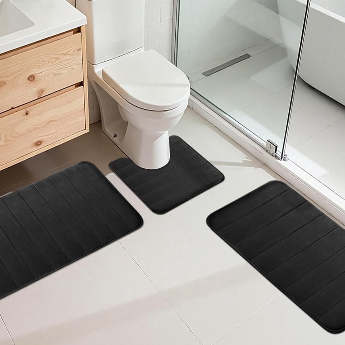 Zachte Microfiber Badmat Set van 3 Stukken - Antislip, Wasbaar en Geschikt voor Douche, Toilet en Badkuip (Zwart)