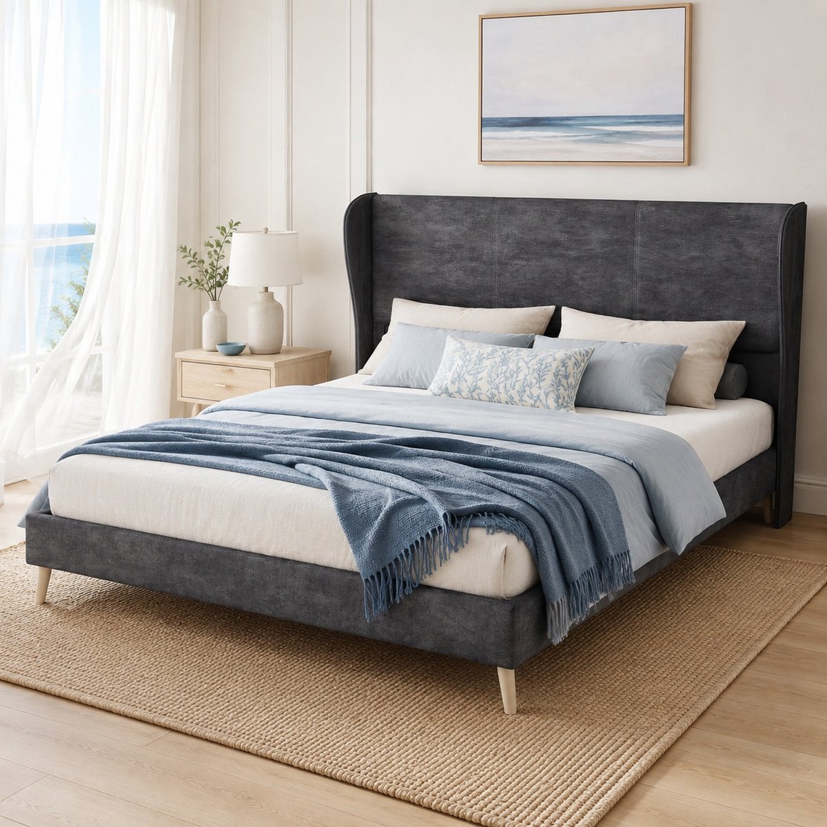 WUVRIE Gestoffeerd bedframe 160x200 cm met zacht hoofdbord en lattenbodem, grijs