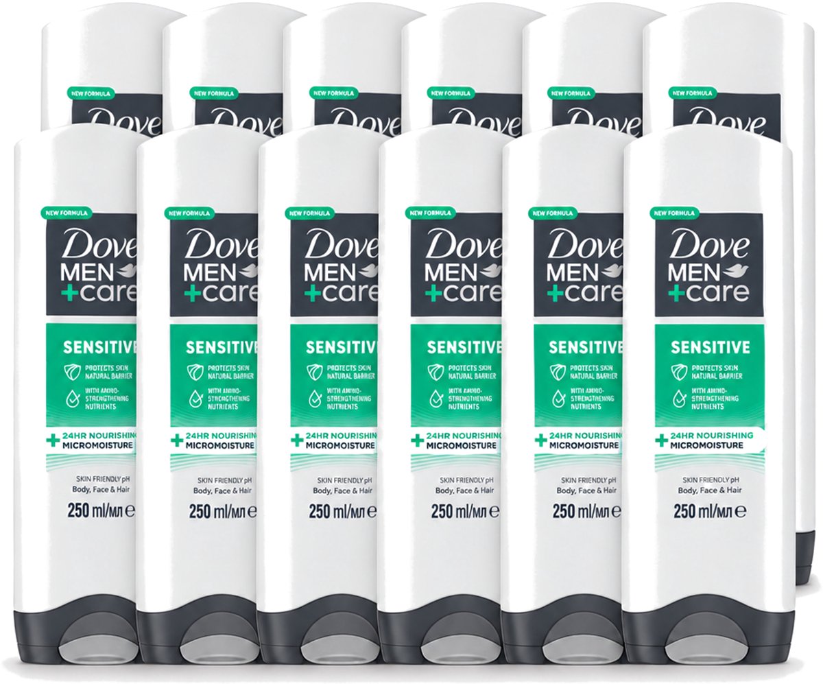 12 x Dove Men+Care - Sensitive - Douchegel 3-in-1 - Verzorgend - 250 ml - Voordeelverpakking - 12 stuks