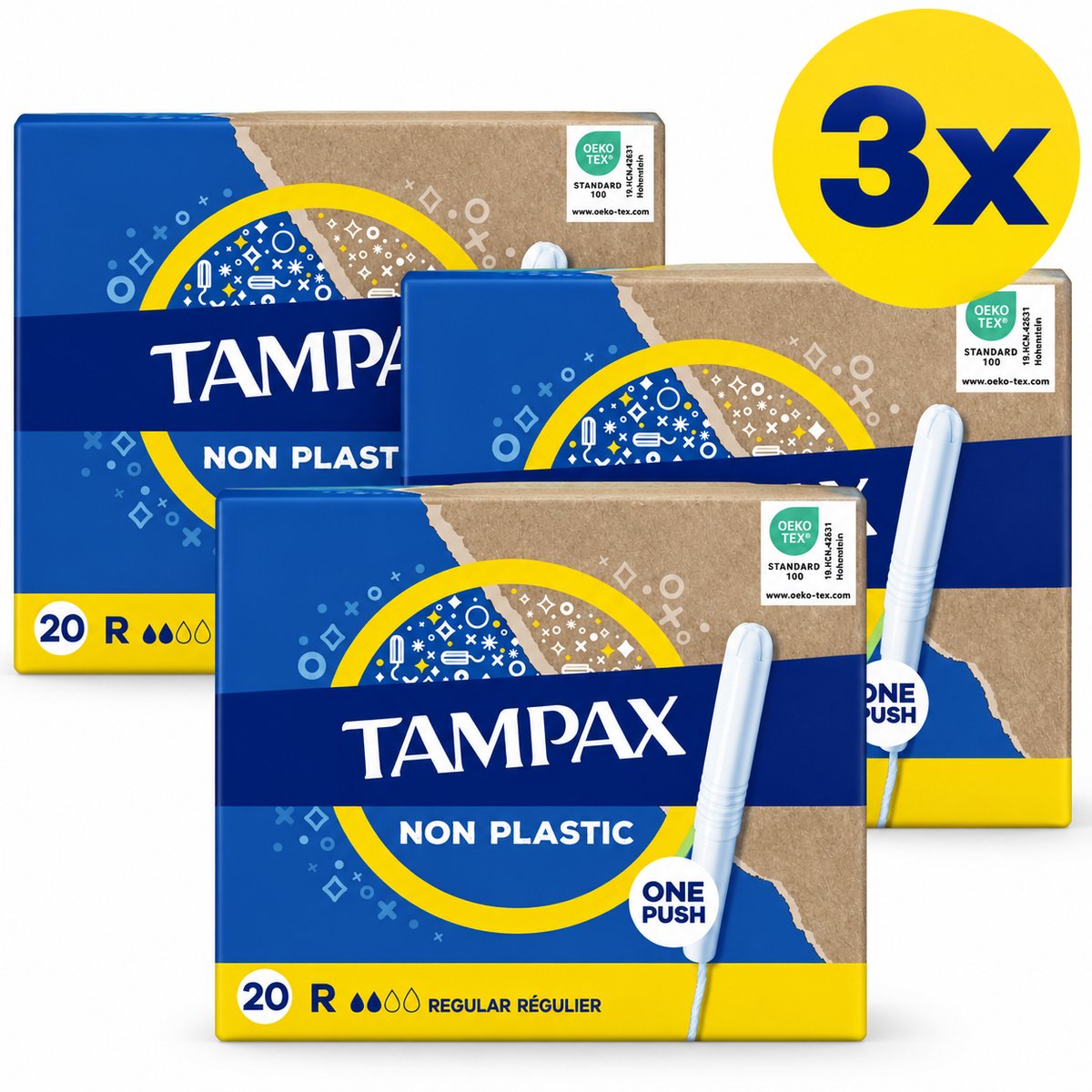 3x Tampax Non Plastic Regular Tampons met Applicator – 20 Stuks