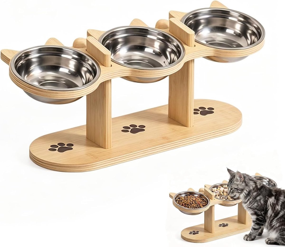 Ergonomisch Verhoogd Voedingsstation voor Katten met 3 RVS Schalen, 15° Hellend Ontwerp, Ideaal voor Water en Voer, Geschikt voor Honden en Katten