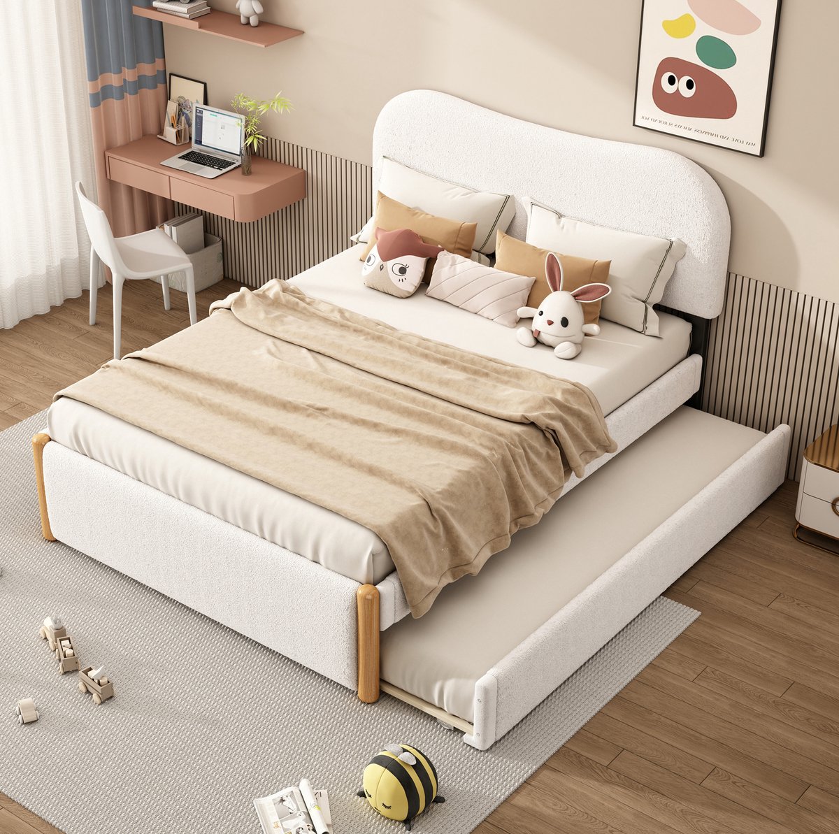 WUVRIE Gestoffeerd bed 140x200 cm met uitschuifbaar rolbed en lattenbodem, wit