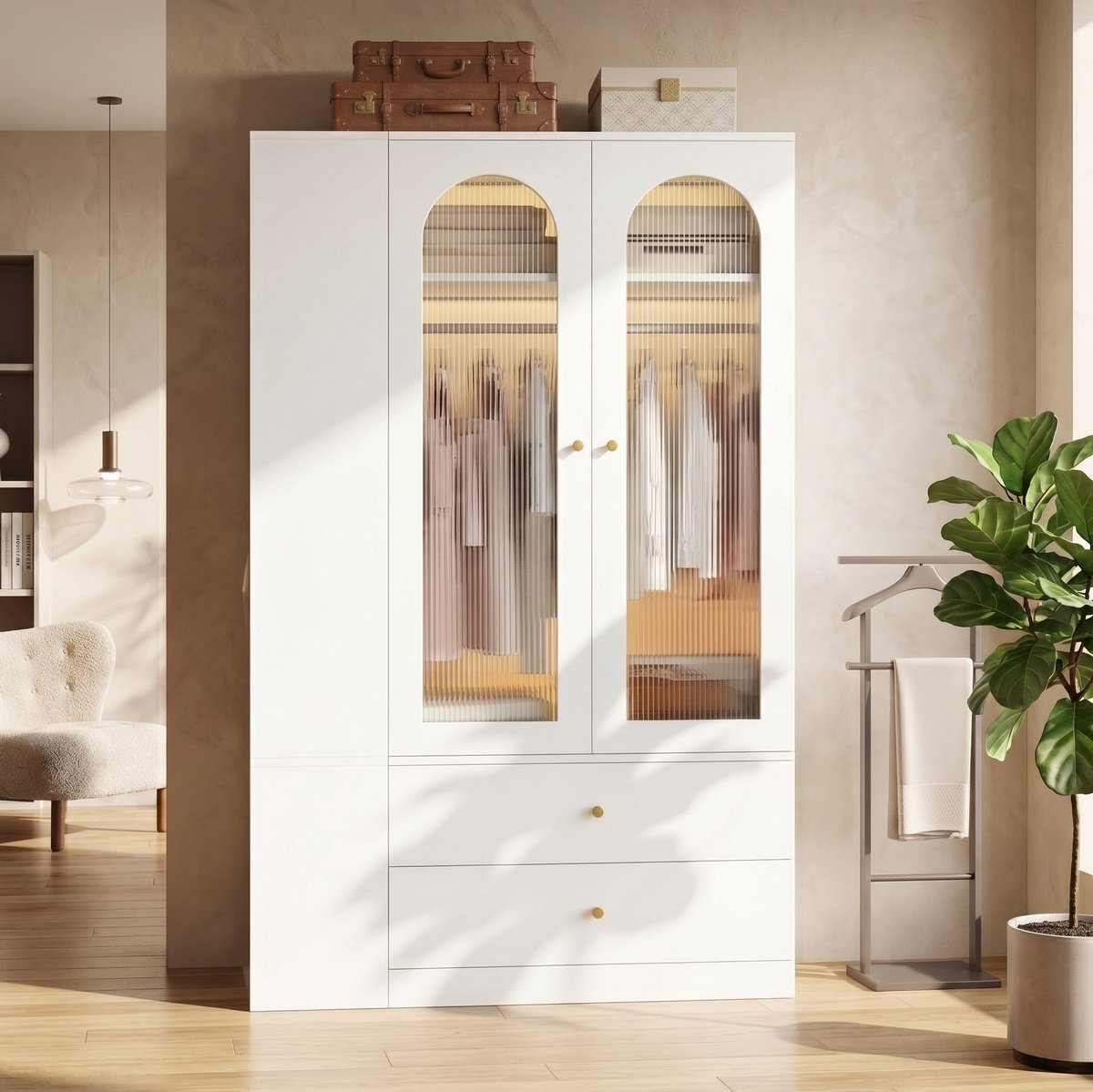 MIVRAY Kledingkast - Twee Glazen Deuren Met Vier Lades - Voor Slaapkamer Kinderkamer Of Kantoor - MDF Glas Staal - 120x50x200 Cm Wit