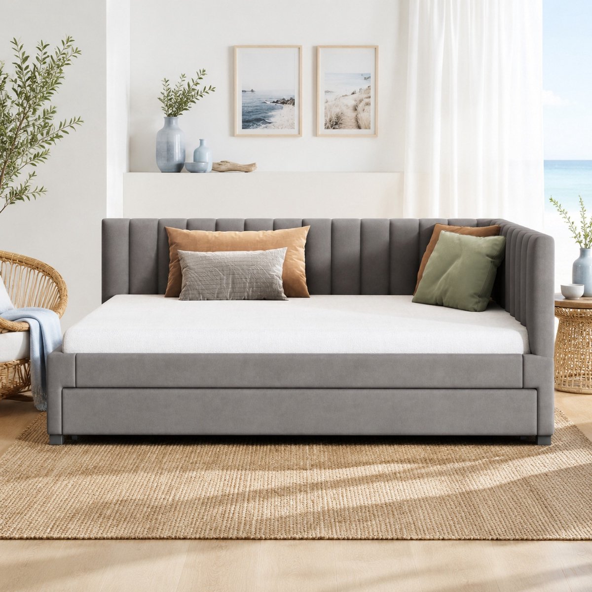 WUVRIE Slaapbank 140x200 cm met uitschuifbed 90x200 cm, lattenbodem en fluwelen bekleding, grijs