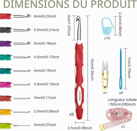 24-delige haaknaaldset met ergonomische handgreep, 9 maten (2mm-6mm), inclusief haakaccessoires, perfect voor beginners, volwassenen en kinderen — afbeelding 5