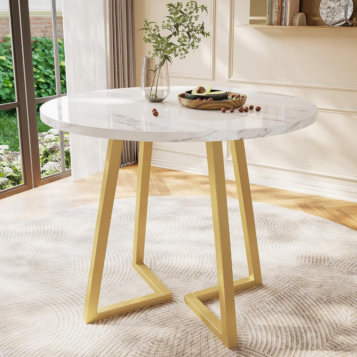 Eettafel, salontafel, keukentafel, eetkamertafel, modern, rond, van MDF met marmerpatroon, metalen frame, 80 cm diameter, ruimte voor 2-4 personen, voor eetkamer, woonkamer, kantoor (wit + goud