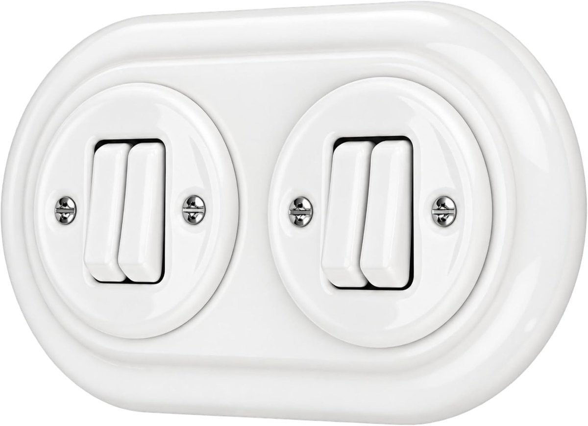 Inbouw porselein Retro dubbele schakelaar, 2-voudig, All-in-One, SET serie PR1 wit - ShopVlot