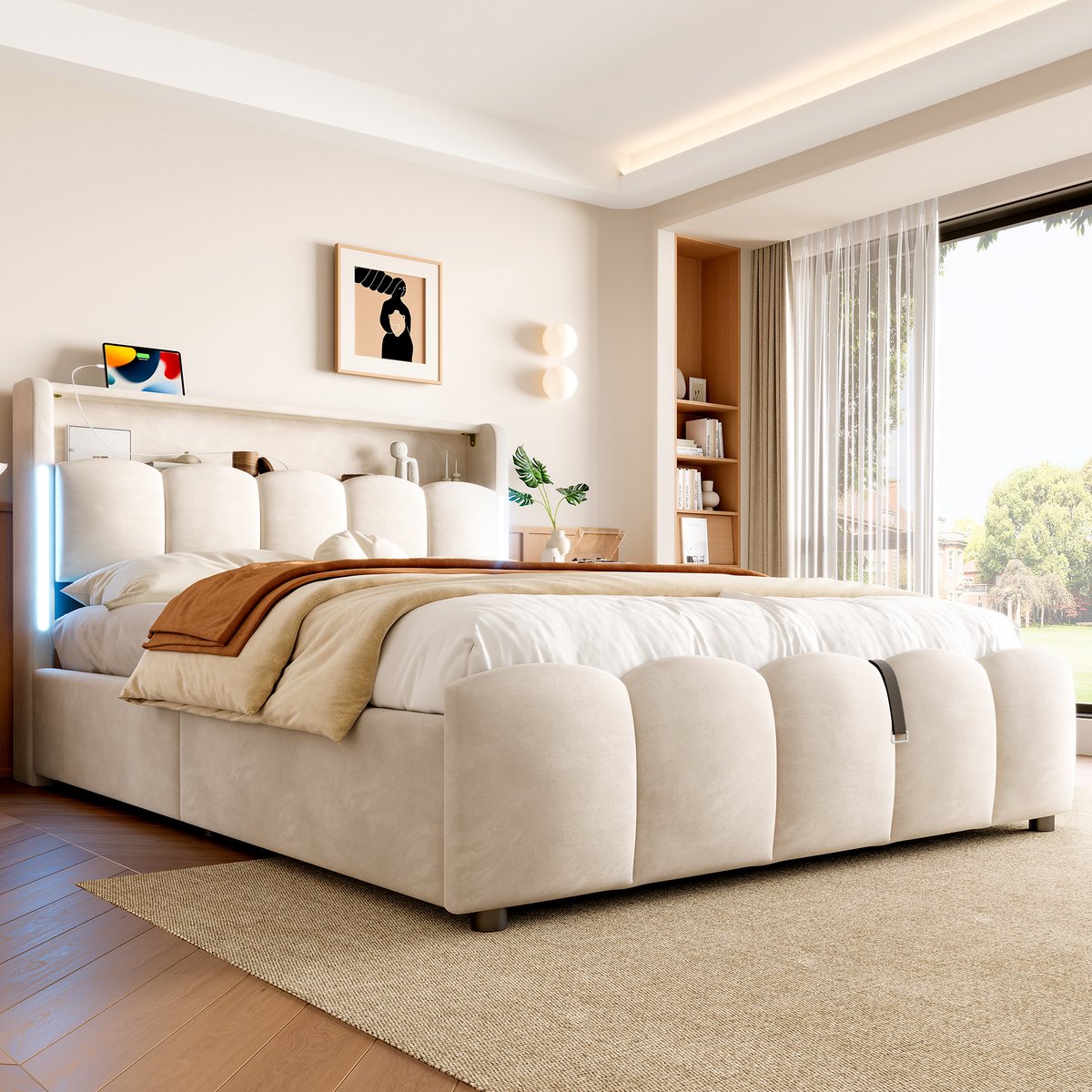 AURA LUMEN Gestoffeerd bed-Twijfelaarbed-140 x 200 cm-Hydraulisch stauraumbett-Bed met LED en USB-Typ-C-Beige