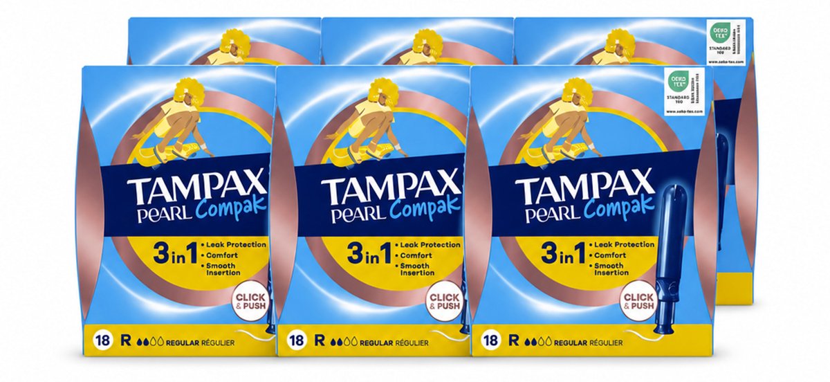 6 x Tampax – Tampons – Pearl Compak Regular met Inbrenghuls – 18 Tampons - Voordeelverpakking - 6 stuks