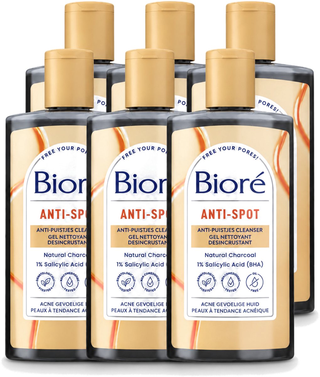6 x Bioré – Houtskool Anti-Puistjes Reinigingsgel – Gezichtsreiniger – 200 ml - Voordeelverpakking - 6 stuks