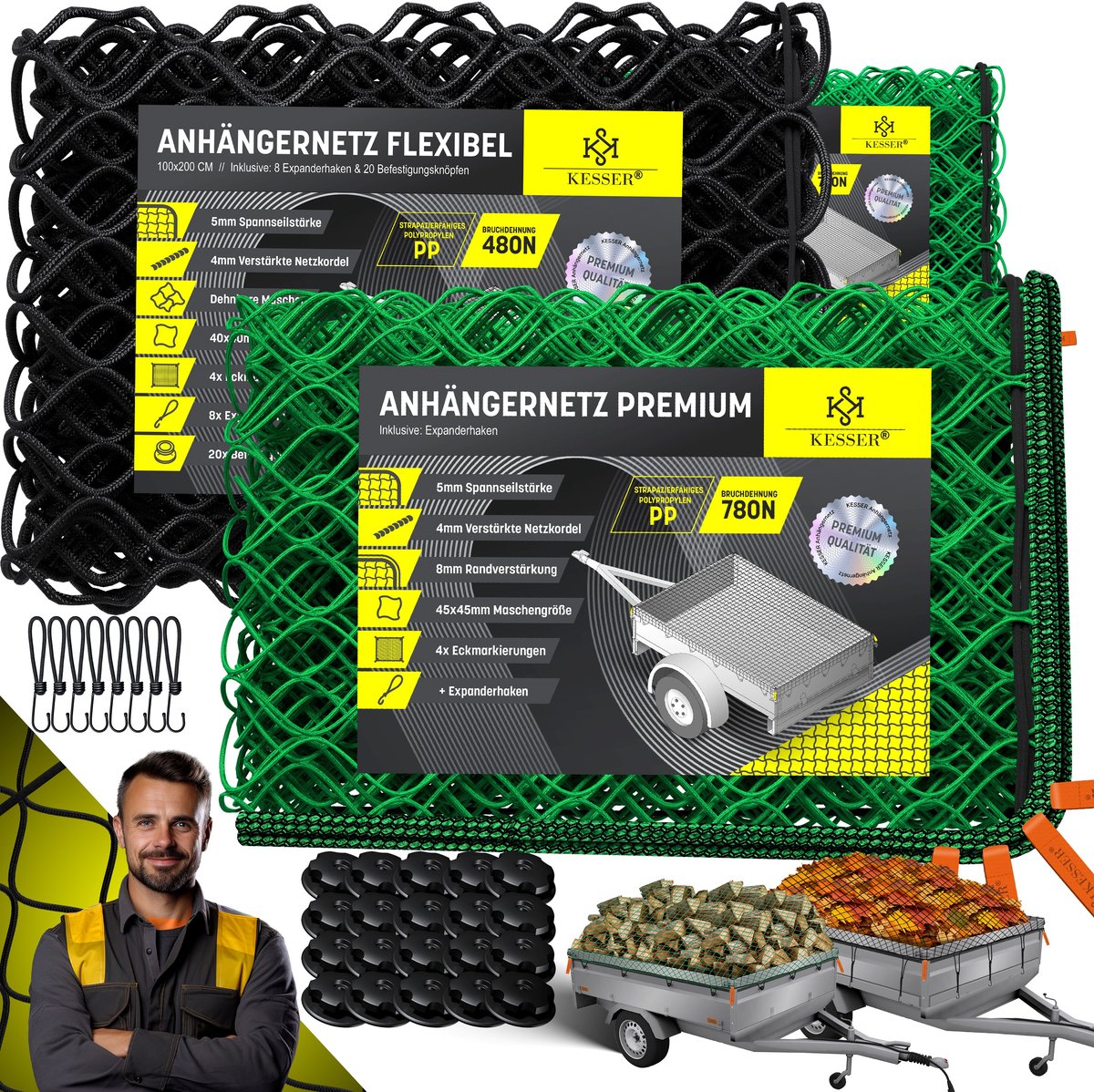 KESSER® Aanhangernet - Elastisch fijnmazig transportnet met spanhaken - 100 x 200 cm - Zwart
