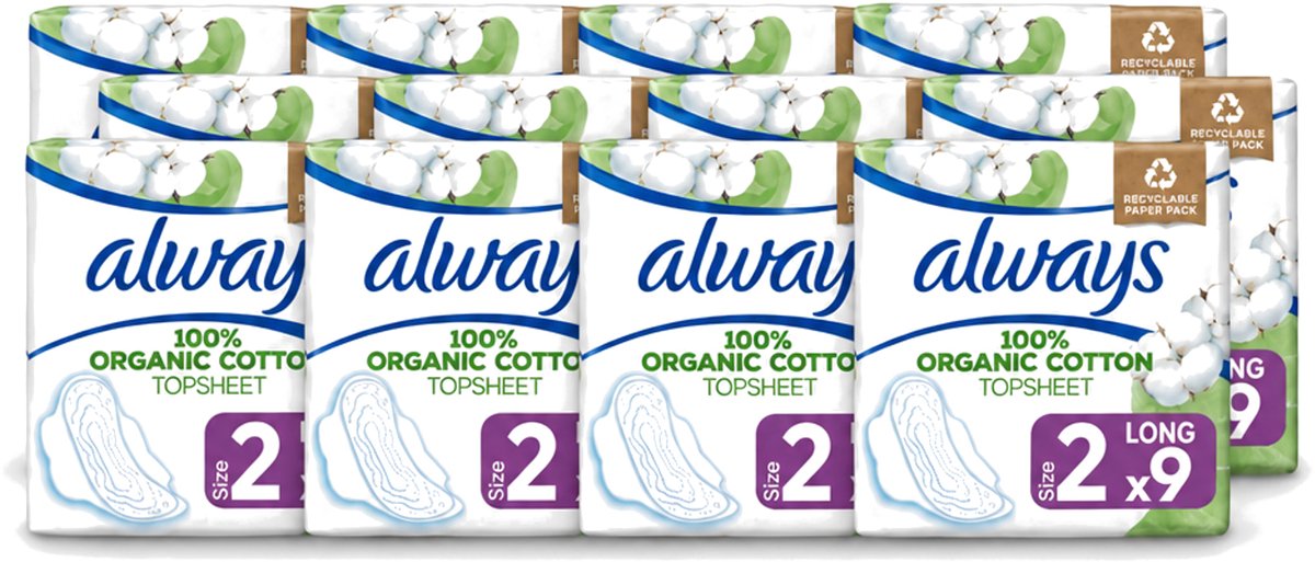 12 x Always - Maandverband - Long - Cotton Protection - Met Vleugels - 9 Maandverband - Voordeelverpakking - 12 stuks