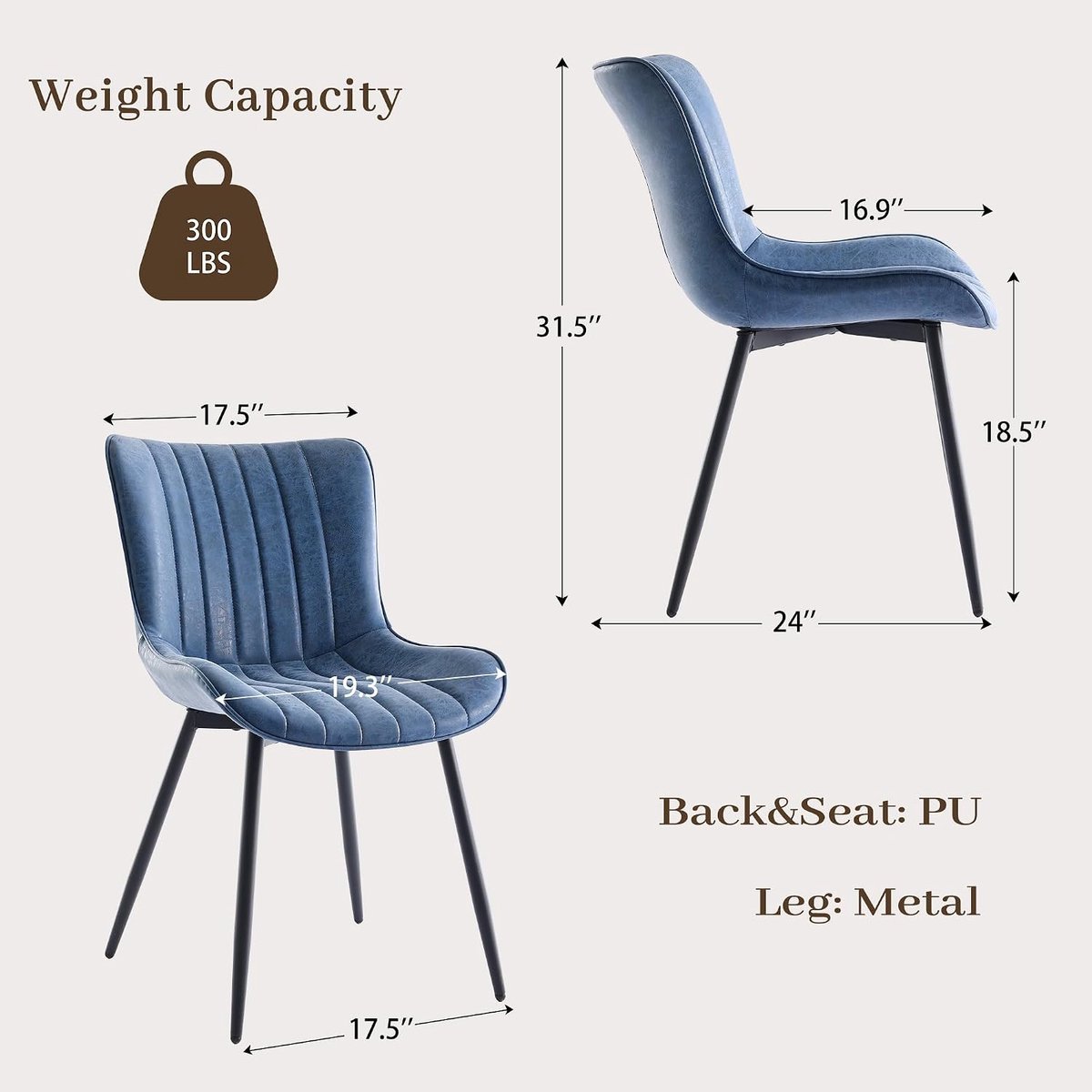 Eetkamerstoelen Set van 2 - Blauw PU Leer Notenhout Metaal 150kg