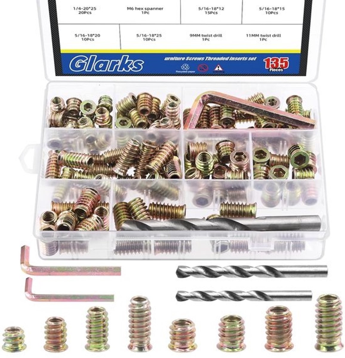 Schroefdraad-inzetstukken - Moerenset - Meubelmontage - Koolstofstaal assortiment - 10-25 mm maten - Grijs