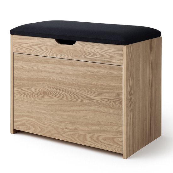 Houten schoenenkast met een opbergvak en een zwarte zitting.