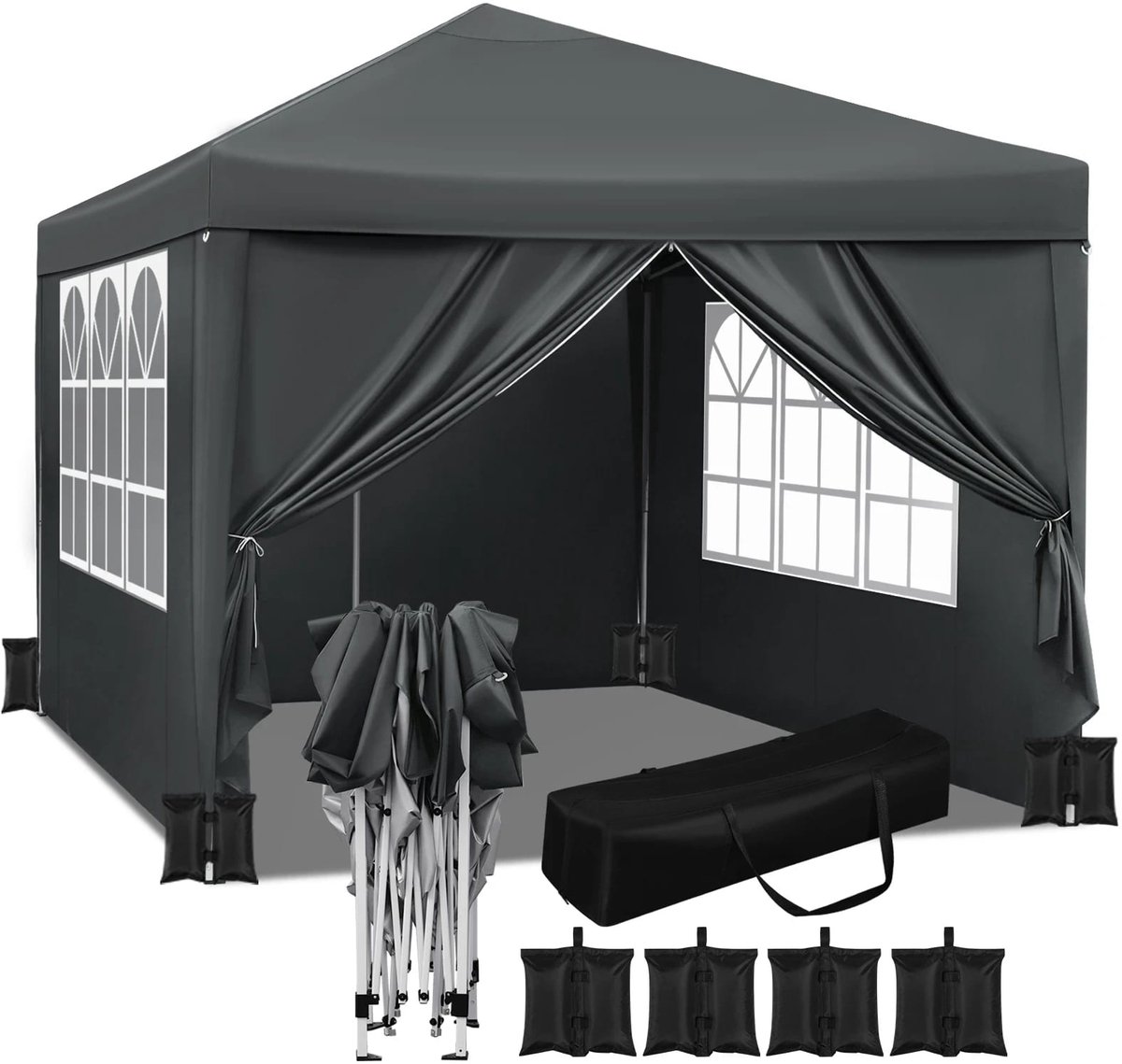 Klarven® Partytent Antraciet - Waterdicht en windbeschermd, Snelle opbouw met vouwsysteem, 4 zandzakken inbegrepen - Gecoat ijzeren frame, B 2,5 x D 2 x H 2 m