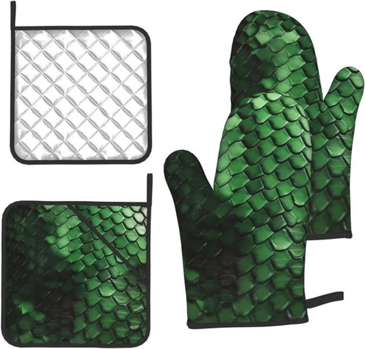 Ovenwanten en Pannenlappen - Keukenhandschoenen Set - Koken en Bakken - Hittebestendig Ontwerp - 203 x 203 cm - Groene Slangenhuid