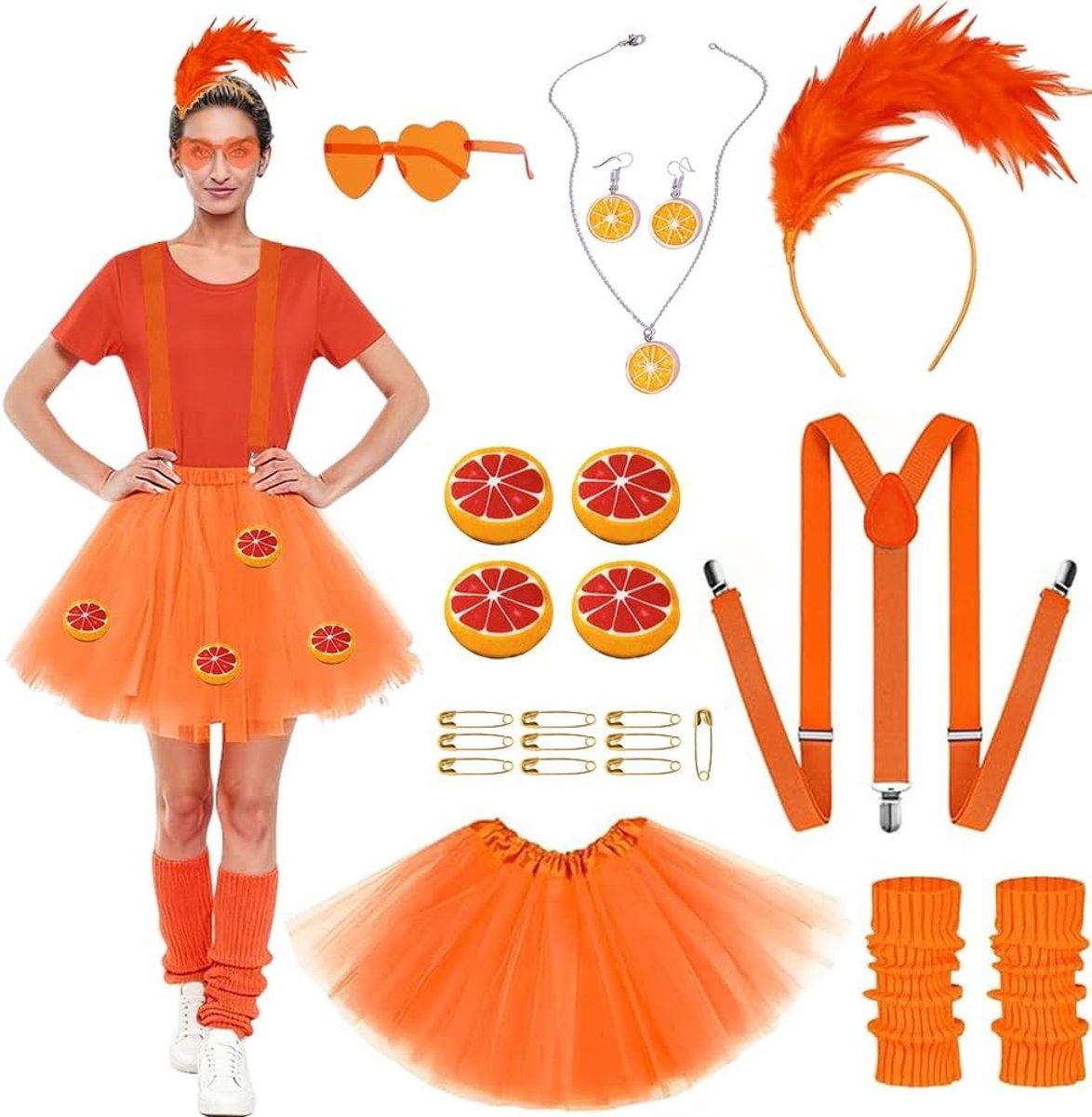 Carnaval Kostuum voor Dames met Tulle Rok, Oranje Beenwarmers, Veren Hoofdband en Accessoires voor Feestjes en Thema-avonden