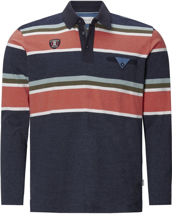 Donkerblauwe heren polo met lange mouwen, horizontale strepen in roze, wit en groen, een borstzakje en embleem.