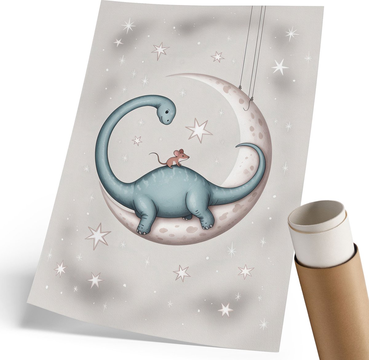 Coloray Polycanvas Poster - Dinosaurus Op De Maan, Illustratie - 210 x 297 mm - Blauw Kunst - Rechthoek - Decoratieve poster - Woonkamer, Slaapkamer, Kantoor - Kinder