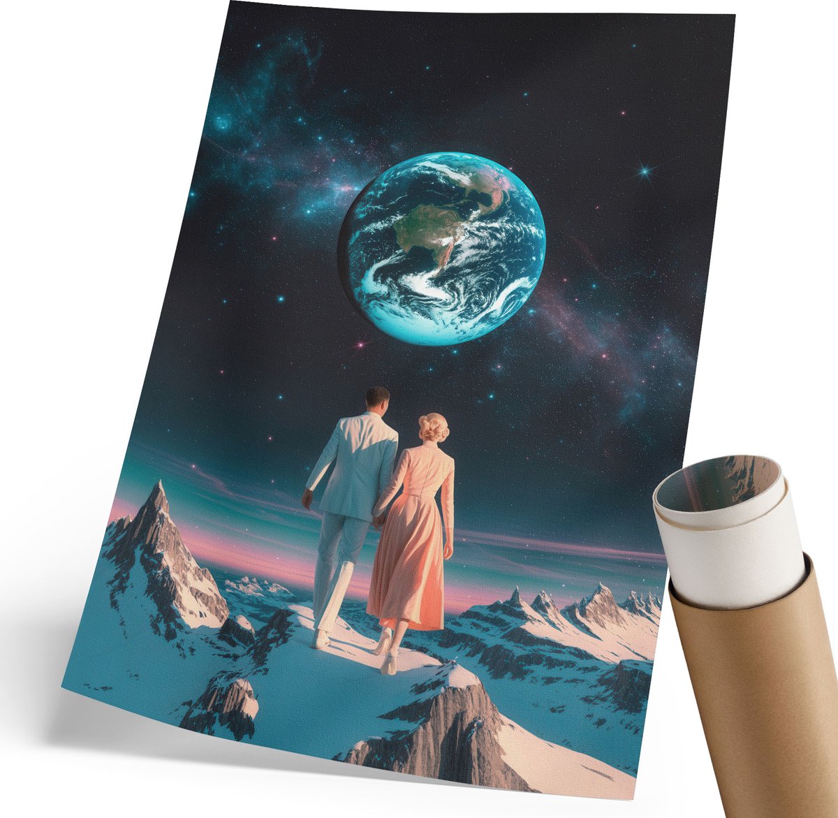 Coloray Polycanvas Wandposter - Ruimtewandeling, Illustratie - 210 x 297 mm - Blauw Illustratie - Rechthoek - Canvasposter - Woonkamer, Slaapkamer, Kantoor - Retro