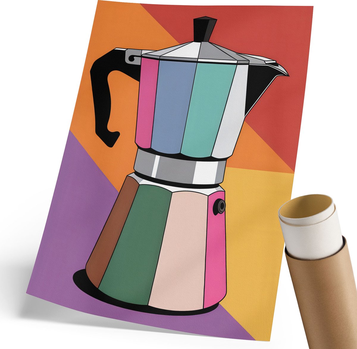 Coloray Polycanvas Wandposter - Kleurrijke Koffiepot, Illustratie - 210 x 297 mm - Oranje Kunst - Rechthoek - Wandkunstwerk - Woonkamer, Slaapkamer, Kantoor - Modern