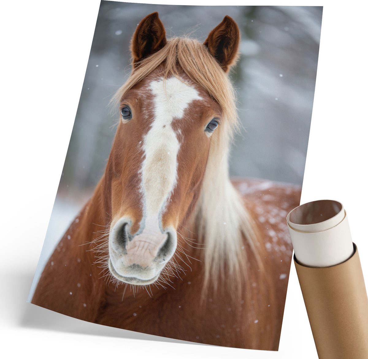 Coloray Polycanvas Wandposter - Paard In De Winter, Fotografie - 210 x 297 mm - Bruin Design - Rechthoek - Interieurdecoratie - Woonkamer, Slaapkamer, Kantoor - Rustiek