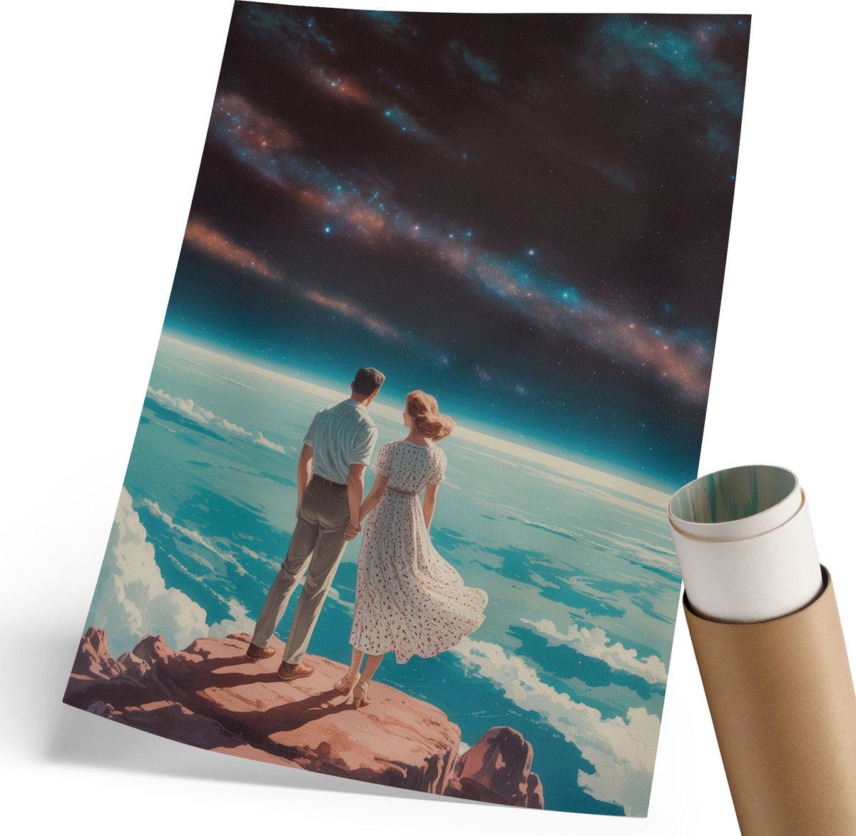 Coloray Polycanvas Poster - Kosmische Liefde, Schilderen - 210 x 297 mm - Blauw Motief - Rechthoek - Kunstposter - Woonkamer, Slaapkamer, Kantoor - Romantisch