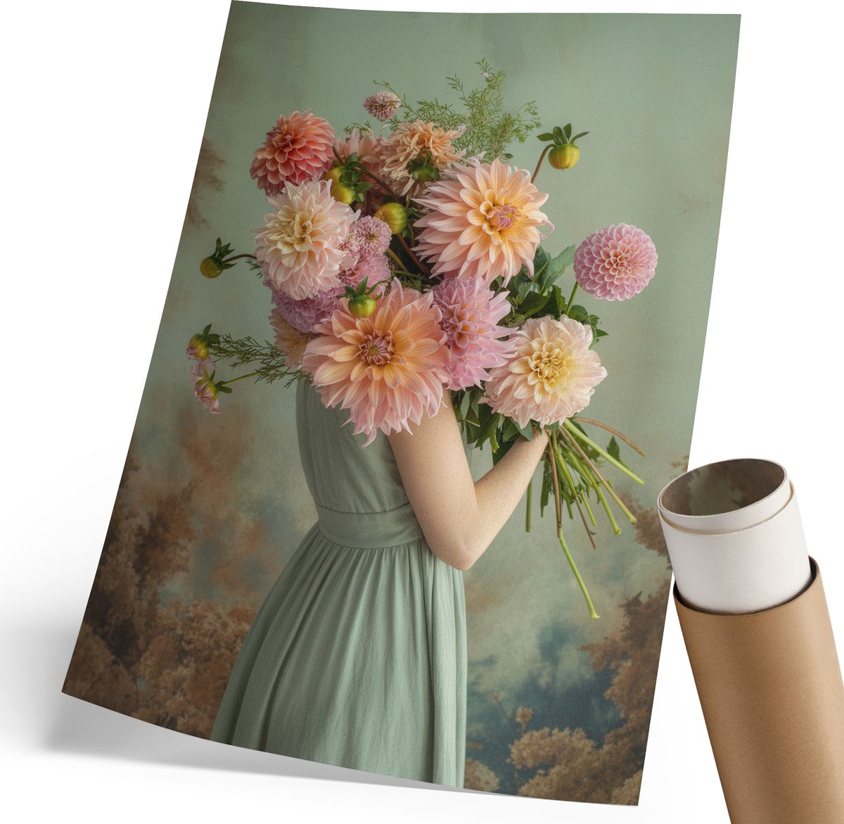 Coloray Polycanvas Poster - Bloemarrangement, Schilderen - 210 x 297 mm - Roze Motief - Rechthoek - Kunstposter - Woonkamer, Slaapkamer, Kantoor - Romantisch
