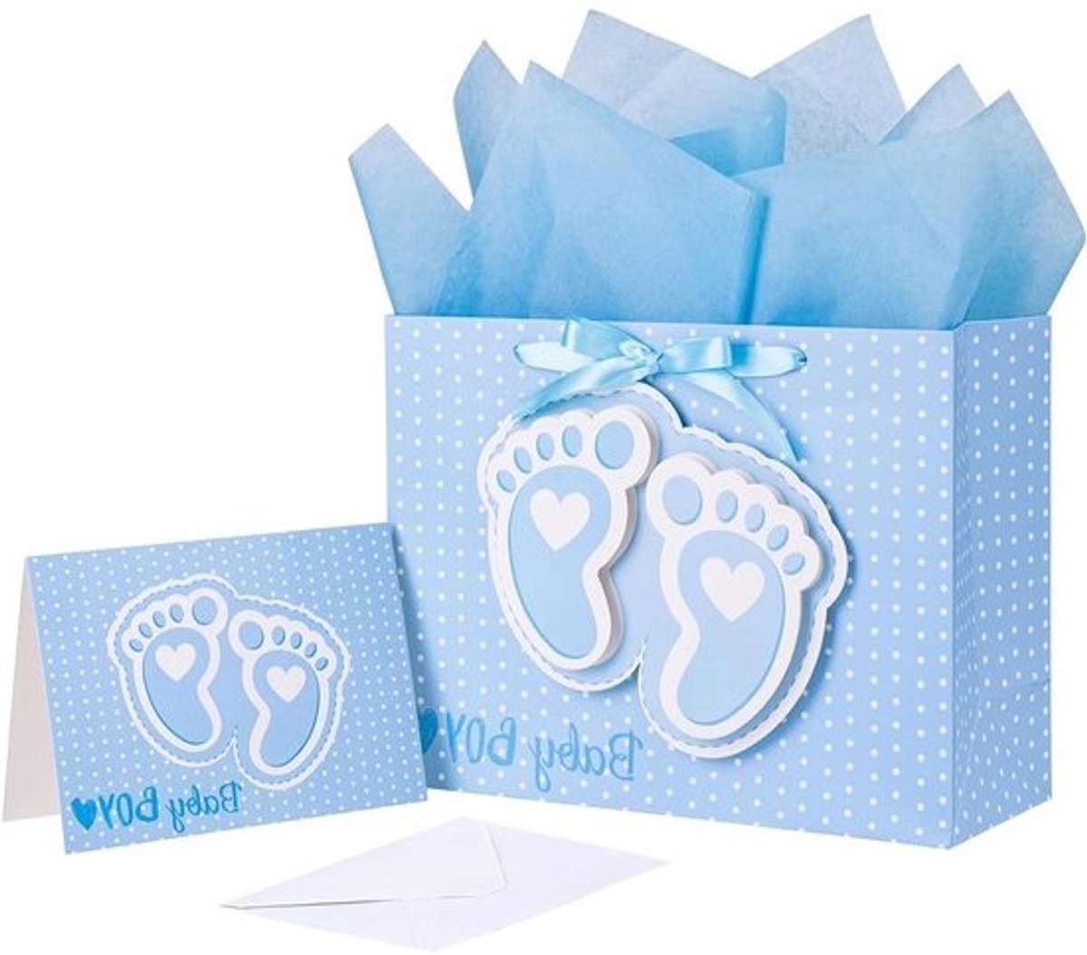 Geschenktas Babyjongen - Babyshower Cadeautas - Cadeau Presenteren - Inclusief Tissuepapier en Kaart - 33 x 25 x 13 cm