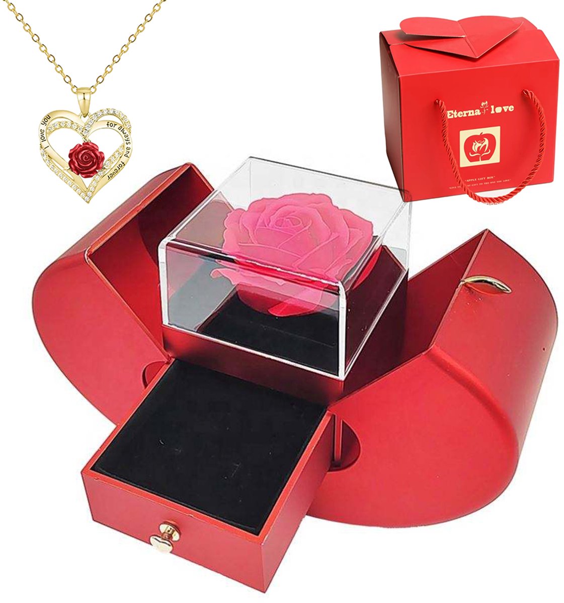 Halsketting met geconserveerde rozen - Inclusief halsketting - Cadeauverpakking met geconserveerde bloemen - Exquisite geschenkverpakking - Sieradengeschenkdoos geschikt voor Moederdag, verjaardagen, Kerstmis en Valentijnsdag