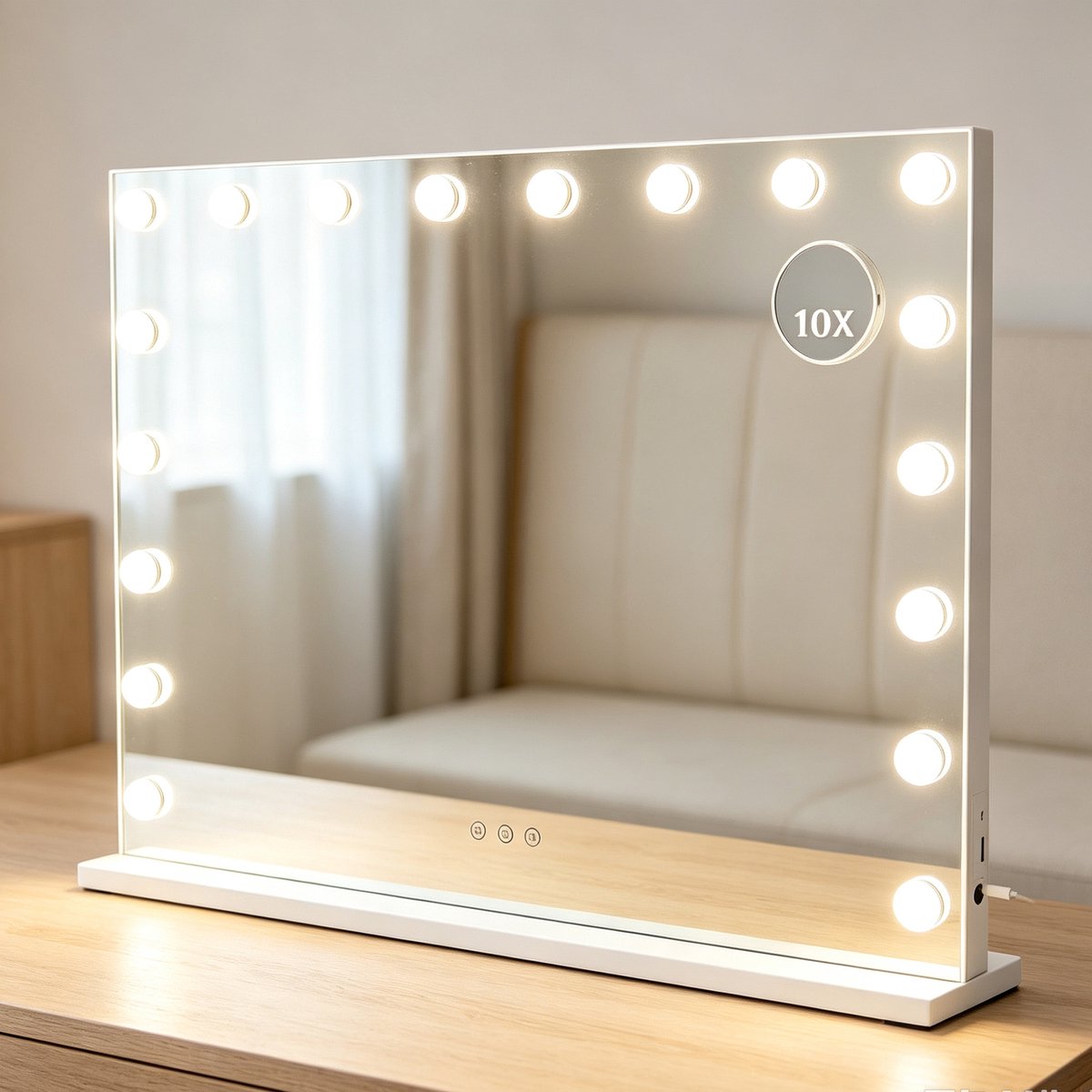 ANTENLICHT Make Up Spiegel met Verlichting - Hollywood Spiegel 80x60CM - 10x Vergroting - USB & USB-C Oplaadporten - 18 LED Lampen - Dimbaar - 3 Lichtstanden - Make Up Spiegel - Wit