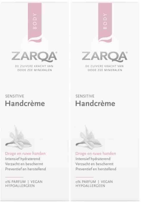 Twee witte tubes Zarqa Sensitive handcrème met roze accenten, vegan en hypoallergeen, voor droge en ruwe handen.