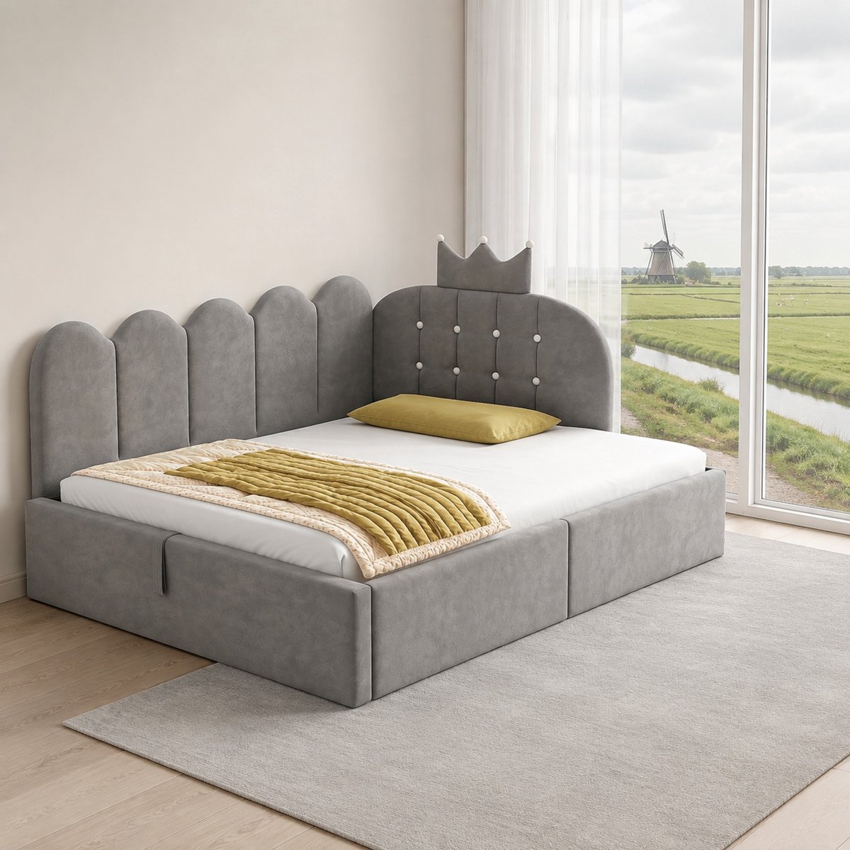 WUVRIE Bedbank 90x190 cm met opbergruimte, kroonhoofdbord, lattenbodem en grijze velvet bekleding