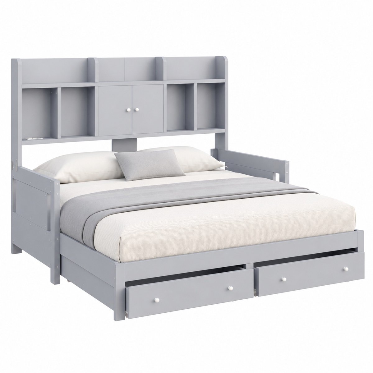 WUVRIE Slaapbank 90x190 cm uit te klappen naar 180x190 cm met opbergruimte, lades, LED en stopcontact, grijs