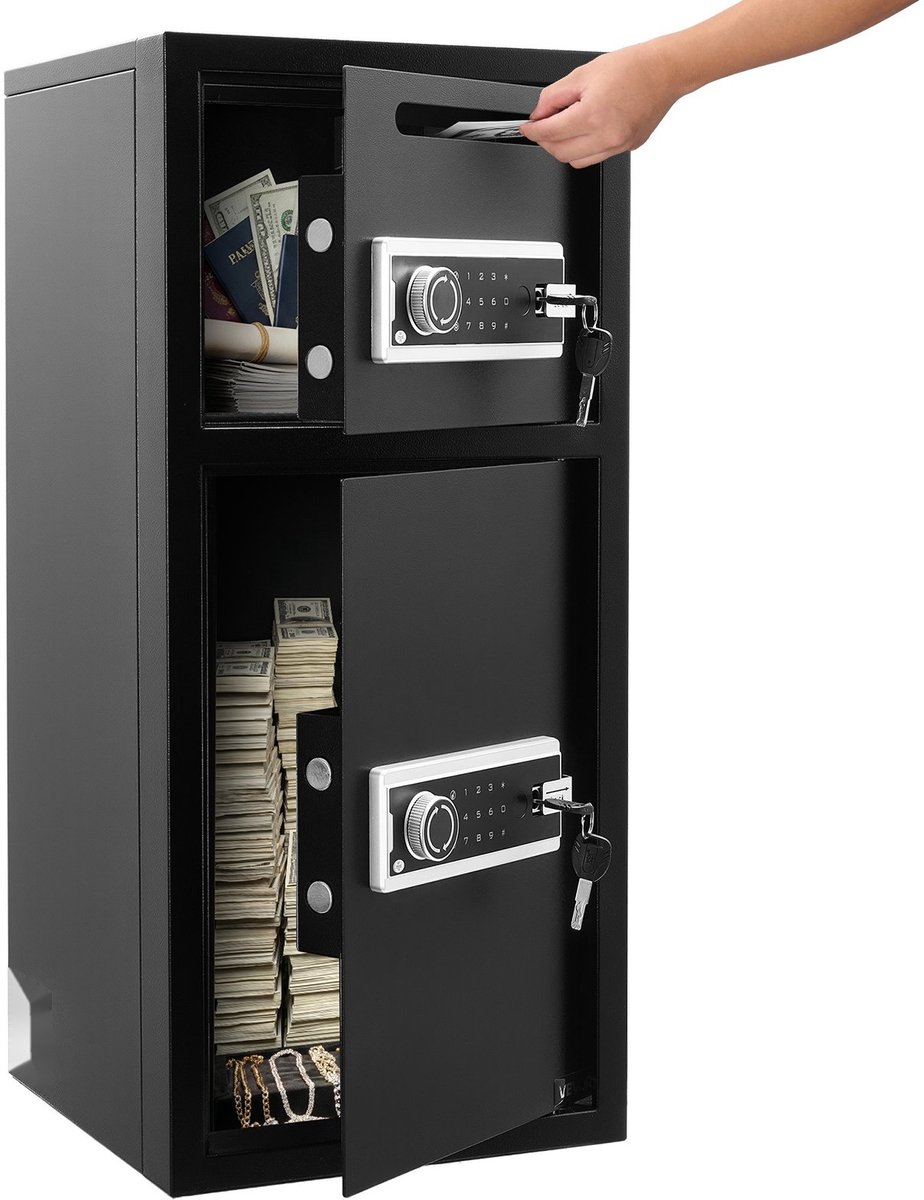 Elektronische kluis - Dubbele deur - 93,45 l inhoud - Digitaal toetsenbord - Veiligheidsslot met noodsleutel - Stortingssleuf - Zwart