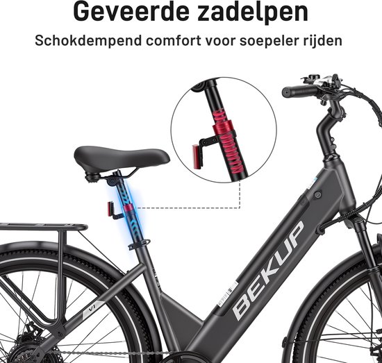 Bekup V1 26 inch elektrische lage instap fiets - Comfortabele stadsfiets - 36V 14,5Ah accu - 250W achterwielmotor - Actieradius tot 75 km - Shimano 7 versnellingen - Verende voorvork - Geveerde zadelpen - Titaangrijs — afbeelding 4