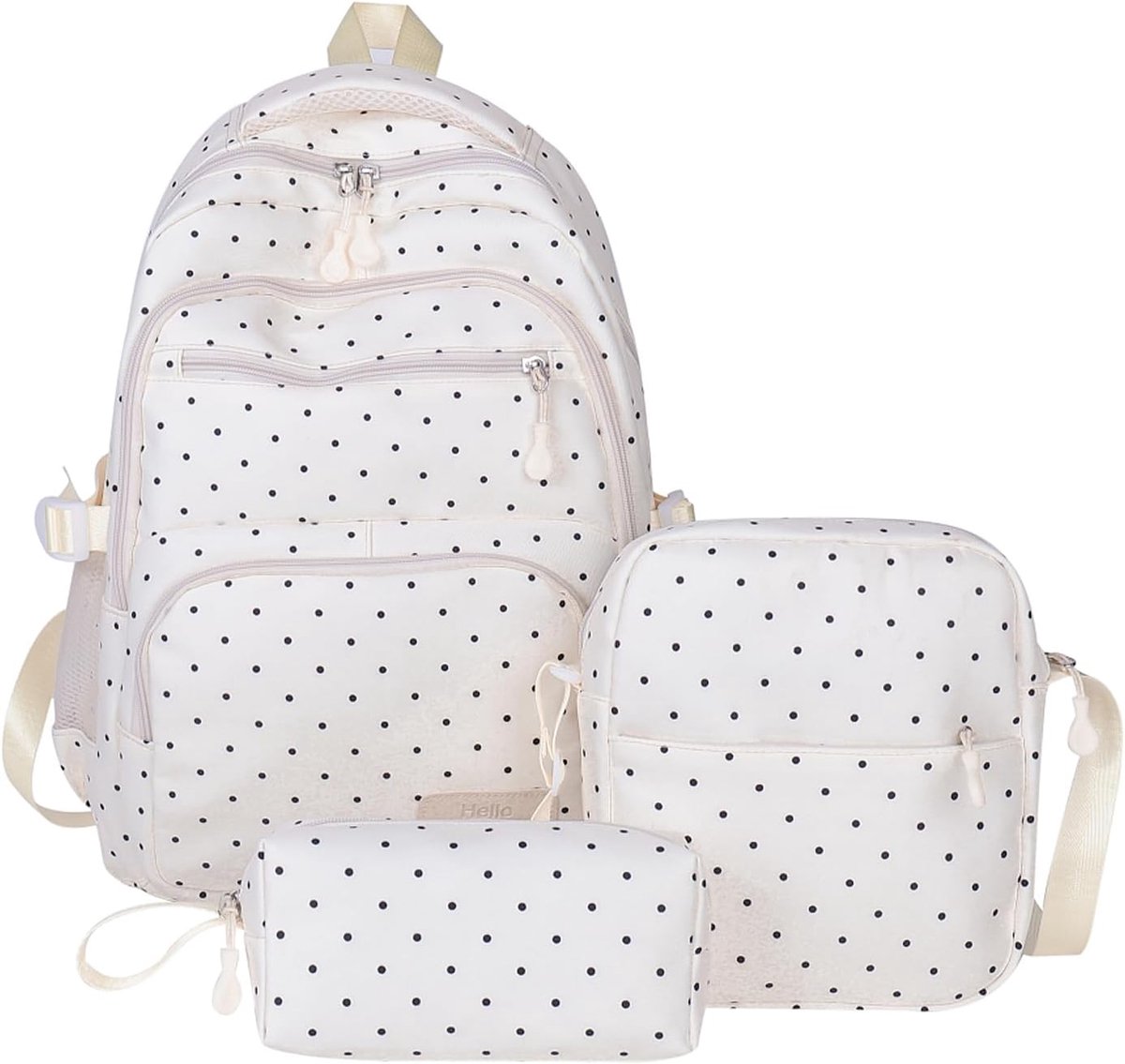 Rugzakset – 3-delig – Stippenrugzak met Schoudertas en Etui – Met Laptopvak, Voorvak en Zijvakken – Voor School, Werk en Reizen – Wit