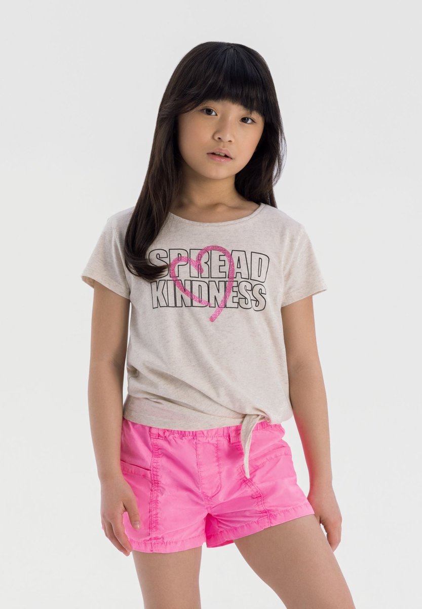 Minoti Spread Kindness t-shirt meisjes beige - met strikdetail