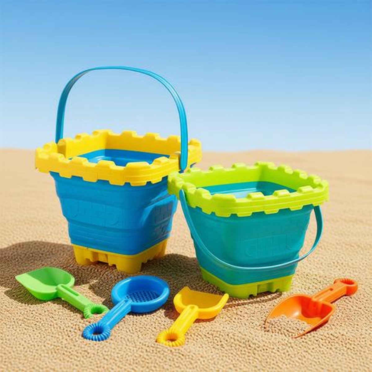 Set van 2 opvouwbare emmers en 4 scheppen - siliconen zandbakemmers voor strand en vakantie - opvouwbaar - 6 stuks - blauw, wit, groen