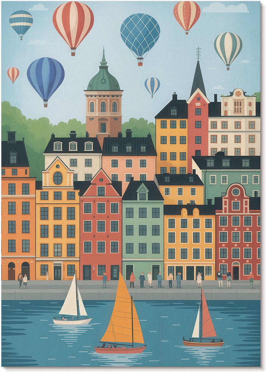 Tulup Polycanvas Poster - Stadsbeeld, Illustratie - A4 - Blauw Wanddecoratie - Rechthoek - Decoratieve poster - Woonkamer, Slaapkamer, Kantoor - Kinder