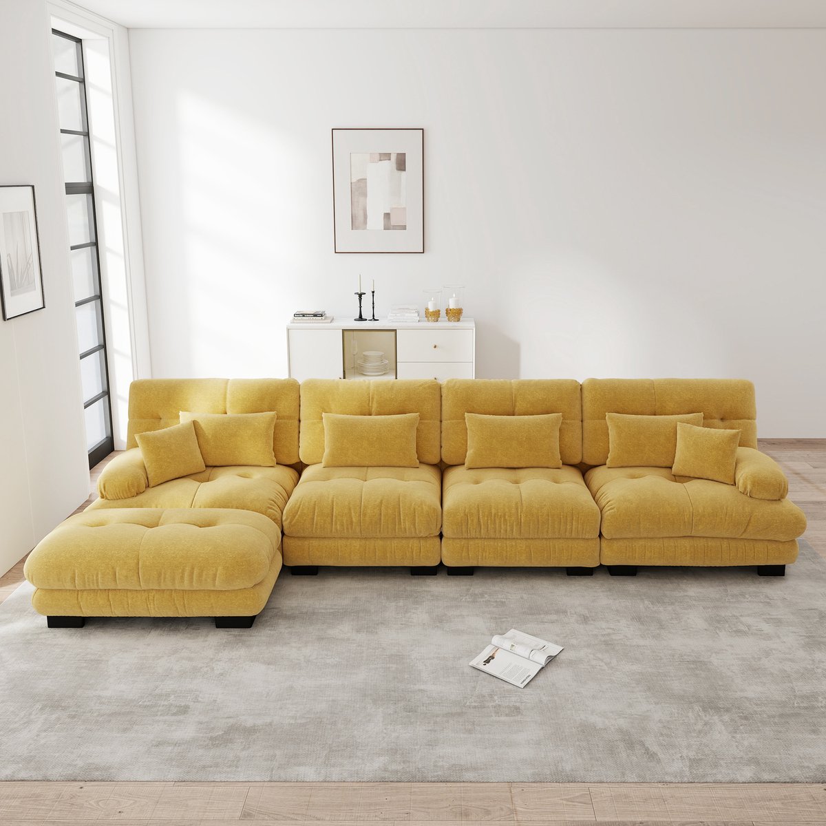 4-zits U-bank - 406 x 145 x 81 cm - chenille bekleding - modulair samen te stellen - inclusief kussens - met veer- en schuimvulling - met armleuningen