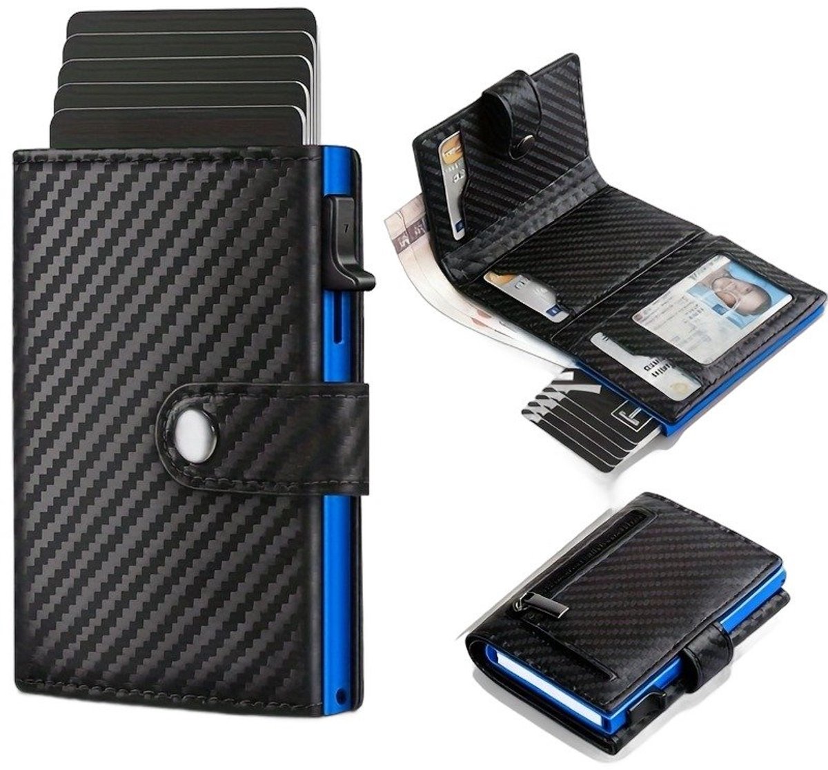 Currero Portomonee - Portemonnee Dames & Heren - RFID Anti Skim - Pasjeshouder - Klein Model - Met Rits - Kunstleer - Carbon Fiber + Blauw