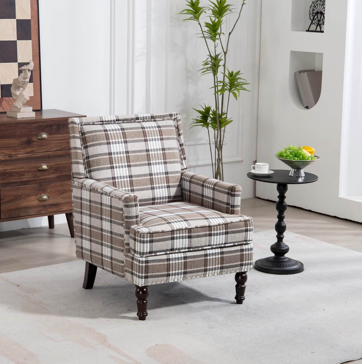 MODFU - Fauteuil - Retro & Vintage - Geblokt - Bruin Wit - Houten Poten