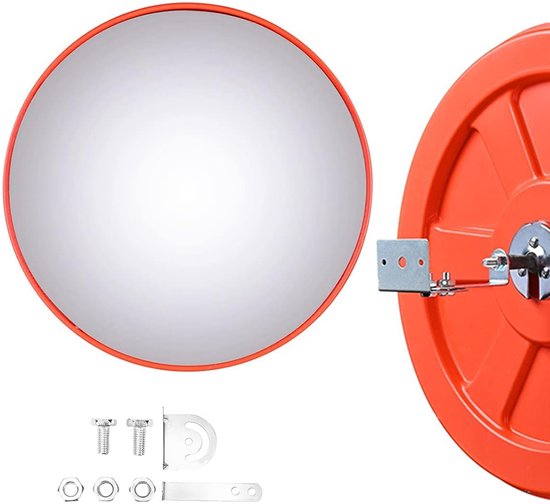 Bolle spiegel met rode rand, 45 cm. Bevestigingsset met schroeven en beugel apart getoond.