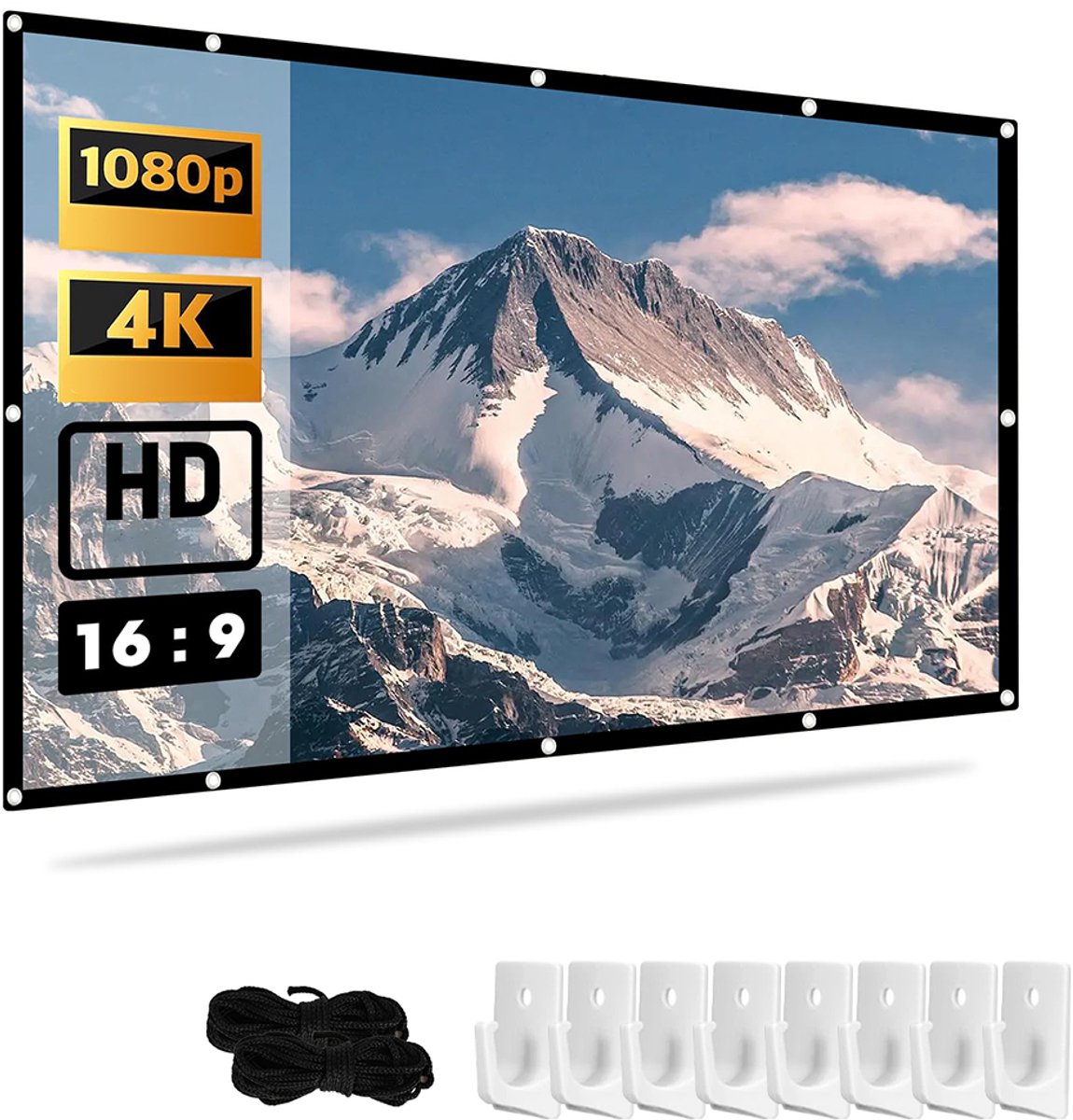 100-inch projectiescherm - Oprolbaar projectiescherm - Polyester softscreen projector - Filmscherm - 16:9 HD - 2,2*1,25 m - Draagbaar - Opvouwbaar - Geschikt voor buitengebruik - Met haken